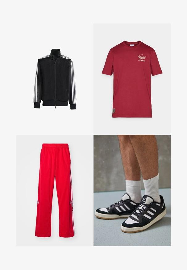 Μαύρο τζάκετ από δίχτυ με φερμουάρ μπροστά, με συμπαγή μαύρα μανίκια και τρεις λευκές ρίγες κατά μήκος των χεριών. Ριμπέ μανσέτες και στρίφωμα.; adidas Originals ARSENAL FC ICON GRAPHIC TEE - Ρούχα για κλαμπ - team coll burgundy; Κόκκινες αθλητικές παντελόνες από λείο ύφασμα με λευκές ρίγες στο πλάι, ελαστική μέση και λογότυπο στα πλαϊνά.; Μαύρα και λευκά αθλητικά παπούτσια με άνω μέρος από σουέτ και δέρμα, featuring τρεις λευκές ρίγες, περατά δάχτυλα και σόλα από καουτσούκ τύπου γκαστ.