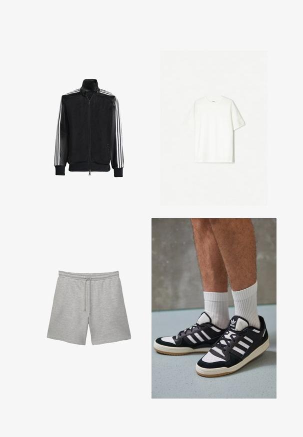Veste en maille noire avec fermeture éclair à l'avant, présentant des manches noires unies et trois rayures blanches le long des bras. Poignets et ourlet côtelés.; T-shirt blanc à manches courtes en coton doux. Design à col rond avec une coupe décontractée et sans logos ni motifs visibles.; Shorts en coton gris avec une taille élastique et un cordon de serrage, dotés de deux poches latérales et d'une finition douce et texturée.; Baskets noir et blanc avec une tige en suède et cuir, comportant trois rayures blanches, un bout perforé et une semelle en caoutchouc gum.