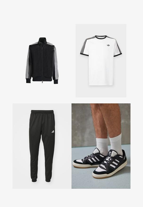Black mesh jacket with a zip front, featuring solid black sleeves and three white stripes along the arms. Ribbed cuffs and hem.; White cotton t-shirt with black ribbed neckline and sleeves, featuring three black stripes on each shoulder and a small logo on the chest.; Black athletic joggers with an elastic waistband, tapered legs, and a white logo on the upper left. Made from smooth, breathable material.; Black and white sneakers with a suede and leather upper, featuring three white stripes, a perforated toe, and a gum rubber sole.