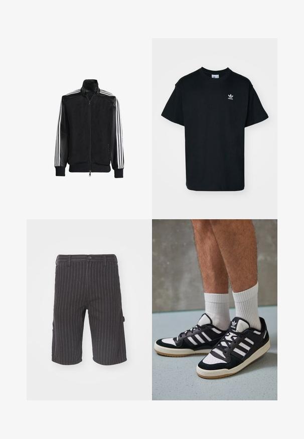 Fekete hálós dzseki, elöl cipzárral, amelynek egyszínű fekete ujjai és három fehér csíkja van a karokon. Rugalmas mandzsetták és derék.; Fekete pamut póló kerek nyakkal és rövid ujjal, bal melle részen egy kis fehér Adidas logóval.; Fekete csíkozott rövidnadrág egyenes szabással, gombos záródással és oldalzsebekkel, texturált pamut keverék anyagból készült.; Fekete-fehér tornacipők velúr és bőr felsőrésszel, három fehér csíkkal, perforált orral és gumi talppal.