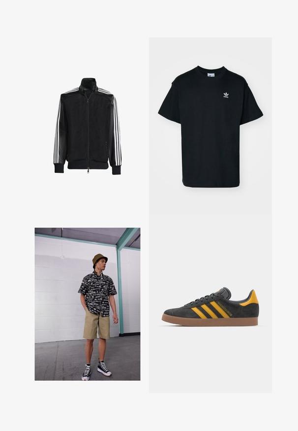 Black mesh jacket with a zip front, featuring solid black sleeves and three white stripes along the arms. Ribbed cuffs and hem.; Black cotton t-shirt with a crew neck and short sleeves, featuring a small white Adidas logo on the left chest area.; Black and white short-sleeve shirt with logo pattern, khaki shorts, and black high-top sneakers. Beige bucket hat and cords visible.; Black suede sneaker with yellow accents, featuring three stripes and a brown rubber sole. Includes a padded tongue for comfort.