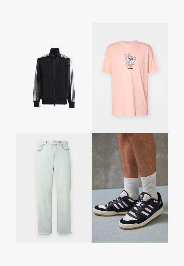 Svart mesh-jakke med glidelås foran, med solide svarte ermer og tre hvite striper langs armene. Ribbestrikkede mansjetter og nederkant.; Lyserød bomulds t-shirt med et legende tegneseriefigur print, rund halsudskæring og korte ærmer. Ingen bemærkelsesværdige mønstre eller hardware.; Lyseblå denimjeans med avslappet passform, med knappelukking, to fremre lommer og enkle avslutninger. Glatt tekstur, uten mønstre.; Sorte og hvite sneakers med overdel i semsket skinn og lær, med tre hvite striper, perforert tå og en såle av gummi.
