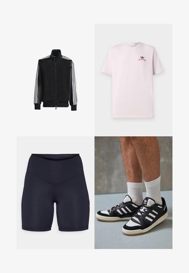 Melna režģa jakas ar rāvējslēdzēja priekšpusi, kam ir viendabīgas melnas piedurknes un trīs baltas svītras gar rokām. Ribota aproce un apakša.; Gaiši rozā kokvilnas t-krekls, ar apaļu kakla izgriezumu, īsām piedurknēm, ar melnu Adidas logo un tekstu kreisajā krūšu daļā. Gluda tekstūra.; Tumši zili augsta vidukļa šorti, kas izgatavoti no elastīga auduma. Ar gludu tekstūru, pieguļošu dizainu un sānu kabatām funkcionalitātei.; Melnas un baltas kedas ar zamša un ādas augšdaļu, kas aprīkotas ar trim baltām svītrām, perforētu purngali un gumijas zolēm.