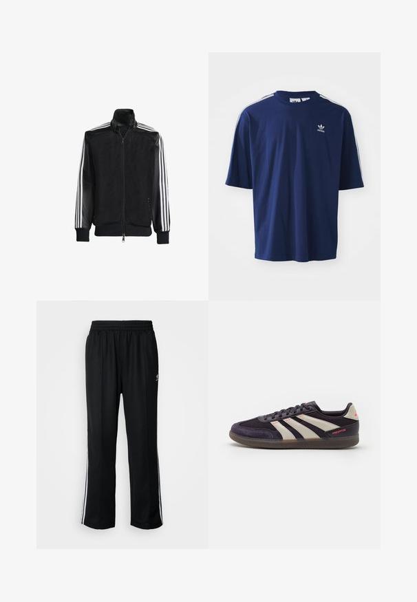 Černá síťovaná bunda na zip, s celými černými rukávy a třemi bílými pruhy podél rukávů. Hladké manžety a lem.; Námorně modré bavlněné tričko s krátkým rukávem, kulatým výstřihem, třemi bílými pruhy na ramenou a malým bílým logem na hrudi.; Černé sportovní kalhoty s elastickým pasem, s bílými bočními pruhy a malým logem. Materiál vypadá měkce a lehce.; adidas Performance PREDATOR FREESTYLE INDOOR - Kopačky na umělý povrch - aurora black/alumina/turbo