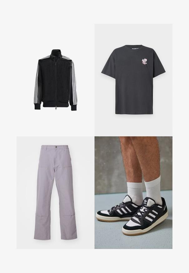 Melna režģa jakas ar rāvējslēdzēja priekšpusi, kam ir viendabīgas melnas piedurknes un trīs baltas svītras gar rokām. Ribota aproce un apakša.; Pelēks kokvilnas T-krekls ar apaļu kaklu un īsām piedurknēm. Priekšpusē ir rozā ziedu Adidas logos. Brīva piegriezuma, bez rakstiem vai rotājumiem.; Gaiši violeto bikses ar taisnu kāju dizainu, kurām ir divas priekšējās kabatas un dekoratīvā dūriens. Izgatavotas no izturīgas kokvilnas auduma.; Melnas un baltas kedas ar zamša un ādas augšdaļu, kas aprīkotas ar trim baltām svītrām, perforētu purngali un gumijas zolēm.