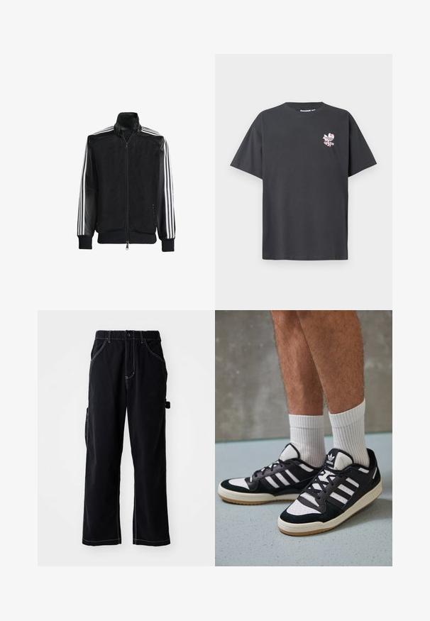 Czarna siateczkowa kurtka z zamkiem z przodu, z jednolitymi czarnymi rękawami i trzema białymi paskami wzdłuż ramion. Prążkowane mankiety i dół.; Szara bawełniana koszulka z okrągłym dekoltem i krótkimi rękawami. Na przodzie widnieje różowy logo Adidas w kwiaty. Luźny krój, bez wzorów ani ozdób.; Czarne spodnie cargo o luźnym kroju, z elastycznym paskiem do regulacji, bocznymi kieszeniami oraz kontrastującymi białymi przeszyciami.; Czarno-białe sneakersy z zamszową i skórzaną cholewką, z trzema białymi paskami, perforowanym czubkiem i gumową podeszwą w kolorze gumy.