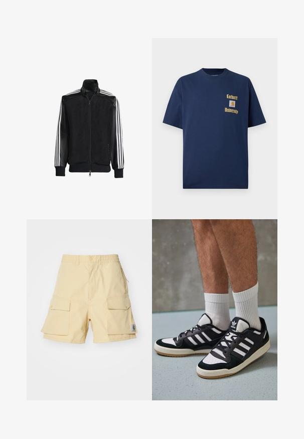 Crna mrežasta jakna s patentnim zatvaračem sprijeda, koja ima čvrste crne rukave i tri bijele pruge duž ruku. Riblje manžetne i rub.; Tamno plavi pamukasti majica s kratkim rukavima, s zlatnim natpisom "Carhartt University" i logotipom na lijevoj strani grudi.; Žute cargo kratke hlače od lagane tkanine, s dva velika bočna džepa, elastičnom trakom u struku i malom logotip oznakom sa strane.; Crne i bijele tenisice s gornjim dijelom od antilopa i kože, s tri bijele pruge, perforiranim prstom i gumiranim potplatom.