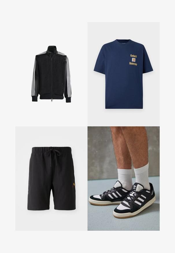 Crna mrežasta jakna s patentnim zatvaračem sprijeda, koja ima čvrste crne rukave i tri bijele pruge duž ruku. Riblje manžetne i rub.; Tamno plavi pamukasti majica s kratkim rukavima, s zlatnim natpisom "Carhartt University" i logotipom na lijevoj strani grudi.; Crne kratke hlače s elastičnom trakom i vezicom. Imaju bočnu džep i mali logo u crvenoj i žutoj boji na donjoj lijevoj strani.; Crne i bijele tenisice s gornjim dijelom od antilopa i kože, s tri bijele pruge, perforiranim prstom i gumiranim potplatom.