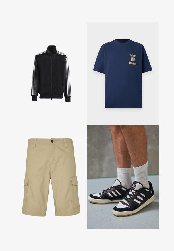 Črna mrežasta jakna z zadrgo spredaj, s trdnimi črnimi rokavi in tremi belimi črtami vzdolž rokavov. Rebrasti robovi in spodnji del.; Navy modra bombažna majica s kratkimi rokavi, z zlatim napisom "Carhartt University" in logotipom na levem prsnem delu.; Bež kratke hlače iz lahkega materiala, z ravnim sprednjim delom, stranskimi žepi in teksturiranim vzorcem, zasnovane za vsakodnevno nošnjo.; Črno-bele superge z zgornjim delom iz usnja in nubuka, ki imajo tri bele črte, perforiran vrh prstov in podplat iz gume.