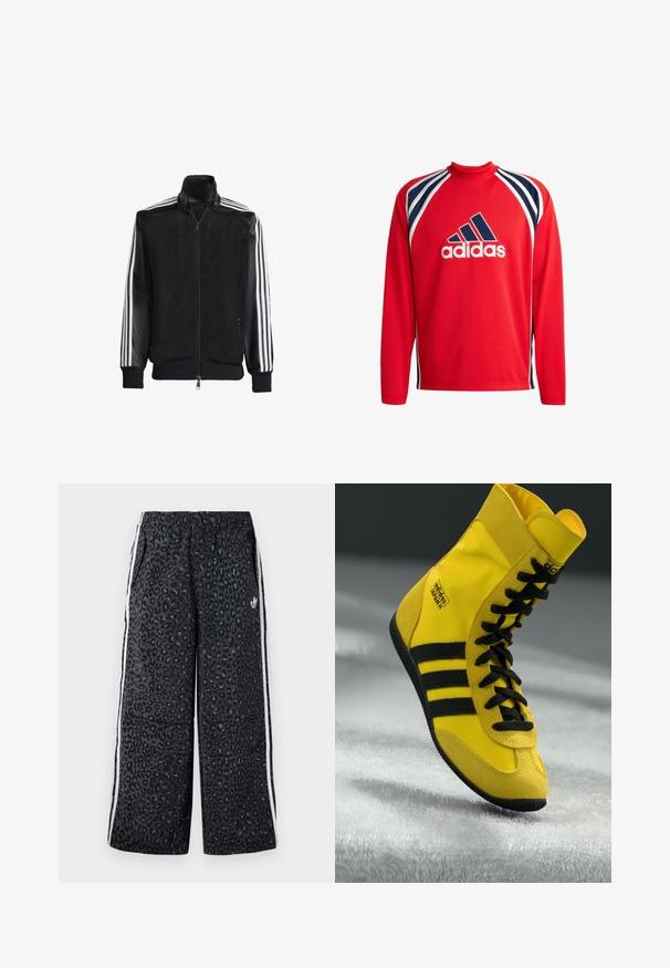 Czarna siateczkowa kurtka z zamkiem z przodu, z jednolitymi czarnymi rękawami i trzema białymi paskami wzdłuż ramion. Prążkowane mankiety i dół.; Czerona sportowa koszulka z długim rękawem z siateczkowej tekstury, w niebieskie i białe paski oraz centralnym czarnym logo Adidas.; adidas Originals UNISEX czarny; Wysokie sneakersy wykonane z żółtego materiału syntetycznego, z czarnymi sznurówkami, trzema czarnymi paskami i brandingiem z boku. Teksturowana gumowa podeszwa.