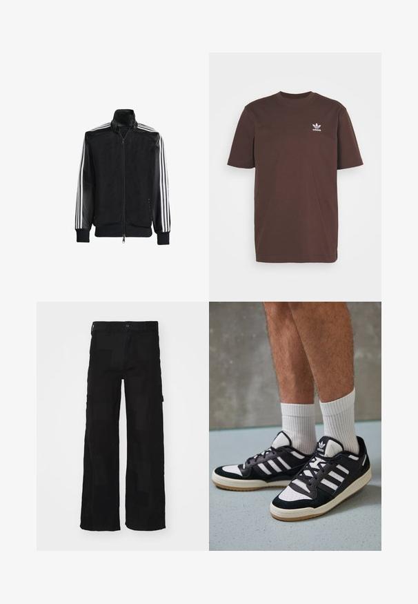 Crna mrežasta jakna s patentnim zatvaračem sprijeda, koja ima čvrste crne rukave i tri bijele pruge duž ruku. Riblje manžetne i rub.; adidas Originals TREFOIL ESSENTIALS - Majica kratkih rukava s printom - shadow brown; Crne cargo hlače od mješavine pamuka, s opuštenim krojem, dva bočna džepa, zatvaranje na gumb te glatkom teksturom s suptilnim uzorkom.; Crne i bijele tenisice s gornjim dijelom od antilopa i kože, s tri bijele pruge, perforiranim prstom i gumiranim potplatom.