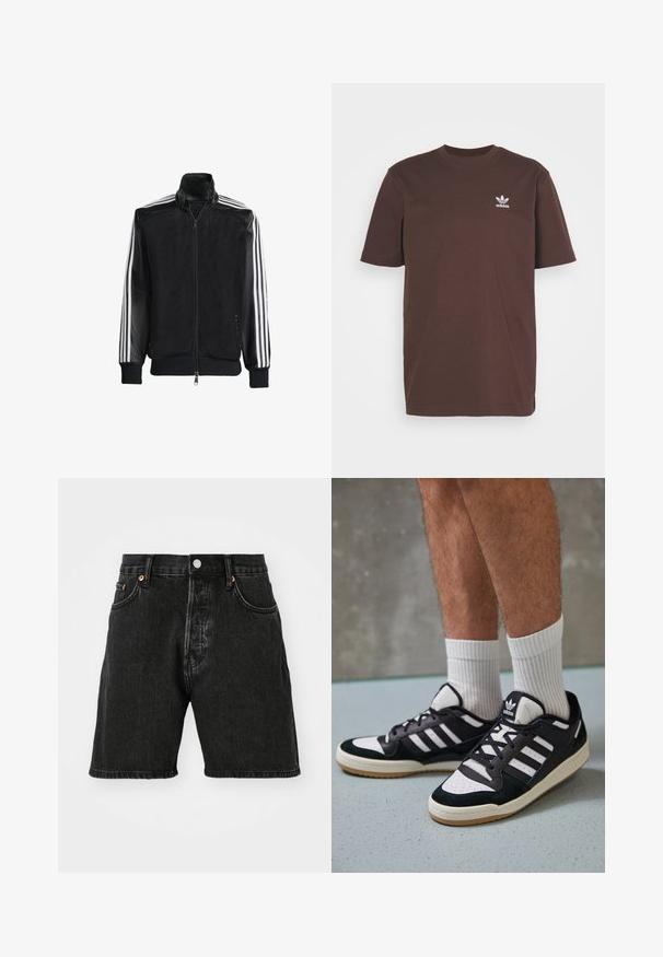 Black mesh jacket with a zip front, featuring solid black sleeves and three white stripes along the arms. Ribbed cuffs and hem.; adidas Originals TREFOIL ESSENTIALS - Print T-shirt - shadow brown; Black denim shorts featuring a high waist, five-pocket design, copper buttons, and a raw hem. The fabric has a slight texture with fading.; Black and white sneakers with a suede and leather upper, featuring three white stripes, a perforated toe, and a gum rubber sole.