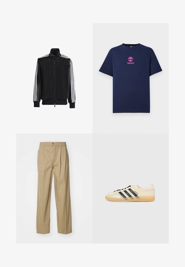 Svart nätjacka med dragkedja framtill, med enfärgade svarta ärmar och tre vita ränder längs armarna. Ribbstickade manschetter och nederkant.; Navyblå bomullströja med rund hals och korta ärmar. Försedd med en rosa Timberland-logotyp med ett trädmotiv på bröstet.; Beige breda byxor i bomullsblandning. Har framfållar, knappstängning och fickor för funktionalitet. Slät textur.; Ljust krämfärgad sneaker med svart tre-stripesdesign, strukturerad ovandel, rund tå och gummisula. Har snörning och varumärke på sidan.