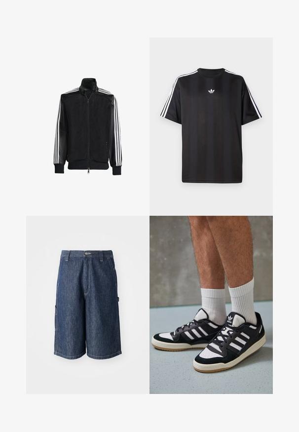 Musta verkkomantteli, jossa on vetoketjulla suljettava etuosa, mustat hihat ja kolme valkoista raitaa käsivarsilla. Ribbaatut hihansuut ja helma.; Musta lyhythihainen T-paita, jossa valkoiset kolmioviivain yksityiskohdat hartioissa ja pieni valkoinen logo rinnassa. Silkkinen kangastuntuma.; Tummansiniset farkkushortsit suoran leikkauksen kanssa, viisi taskua ja näkyvä ompelu. Varustettu nappilukolla ja vyölenkeillä.; Valkoiset ja mustat tennarit, joissa on mokkanahka- ja nahkapäällinen, kolme valkoista raitaa, rei'itetty kärki ja kumipohja.