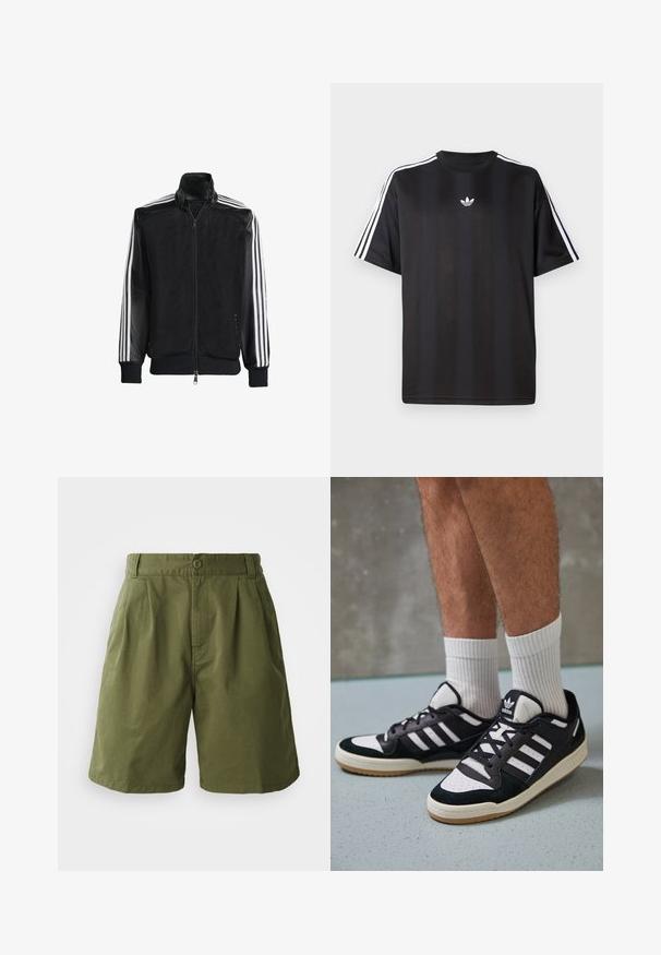 Veste en maille noire avec fermeture éclair à l'avant, présentant des manches noires unies et trois rayures blanches le long des bras. Poignets et ourlet côtelés.; T-shirt noir à manches courtes avec des détails à trois rayures blanches sur les épaules et un petit logo blanc sur la poitrine. Texture de tissu lisse.; Shorts verts olive en tissu léger, avec un devant plissé, une fermeture à bouton et des poches latérales, au design droit.; Baskets noir et blanc avec une tige en suède et cuir, comportant trois rayures blanches, un bout perforé et une semelle en caoutchouc gum.