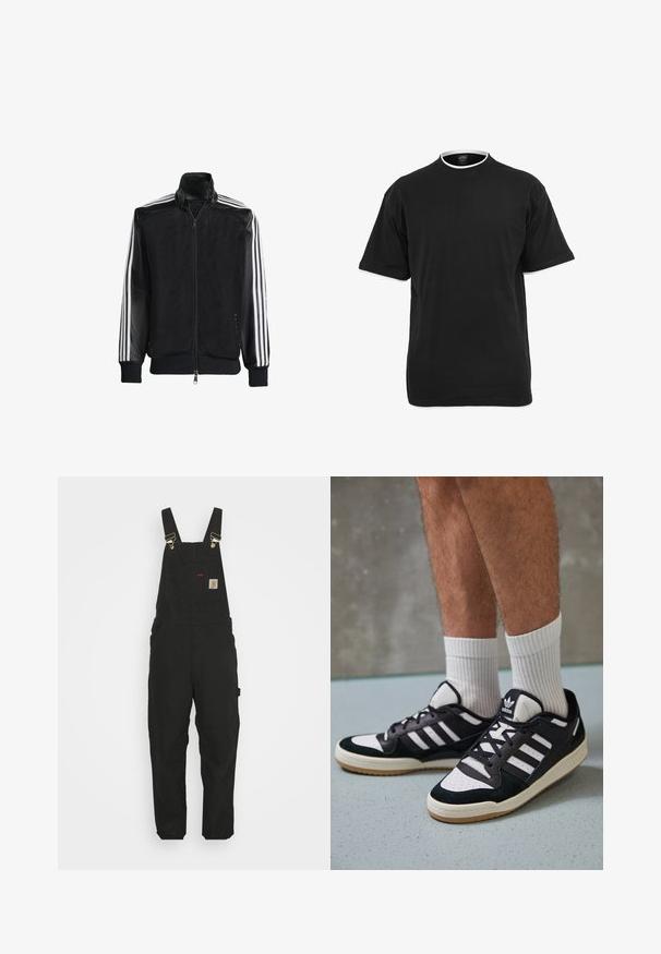 Musta verkkomantteli, jossa on vetoketjulla suljettava etuosa, mustat hihat ja kolme valkoista raitaa käsivarsilla. Ribbaatut hihansuut ja helma.; Mustapohjainen puuvillapaita, jossa on lyhyet hihat, pyöreä pääntie ja kontrastivalkoinen reunus kauluksessa ja hihojen reunoissa.; Mustat puuvillaiset haalarit, joissa on säädettävät hihnat, etutasku logopatchilla ja kaksi sivutaskua rentoa istuvuutta varten.; Valkoiset ja mustat tennarit, joissa on mokkanahka- ja nahkapäällinen, kolme valkoista raitaa, rei'itetty kärki ja kumipohja.