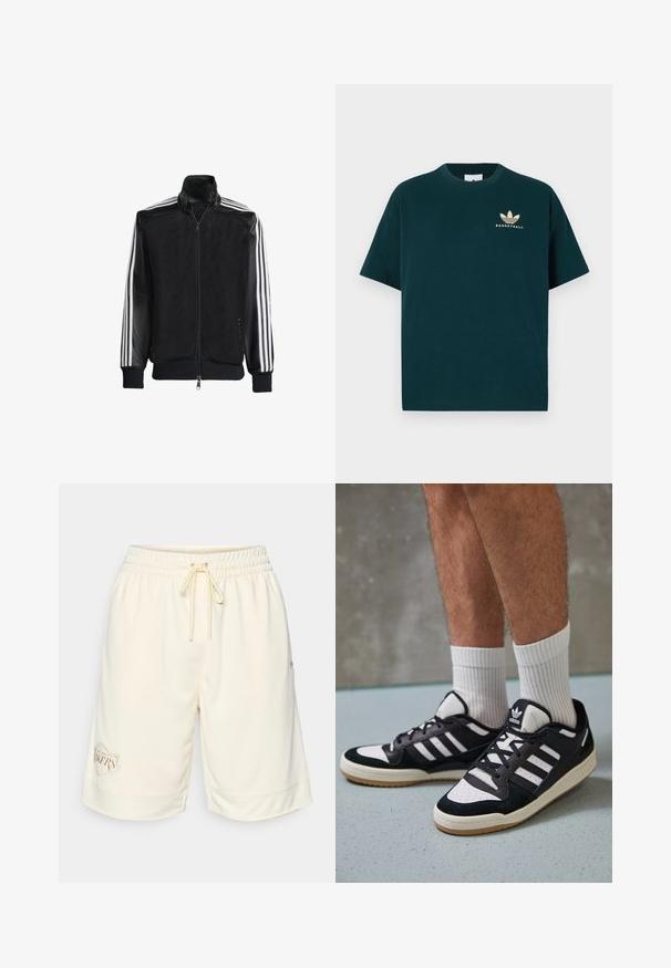 Jaqueta de malha preta com fecho zip, apresentando mangas pretas sólidas e três riscas brancas ao longo dos braços. Punhos e bainha canelados.; T-shirt de algodão verde-escuro com decote redondo, mangas curtas e um logótipo impresso a dourado com três folhas e a palavra "BASKETBALL."; Calções desportivos de cor creme com cintura elástica e cordão. Apresentam um tecido texturizado e o logótipo bordado "Los Angeles Lakers".; Ténis em preto e branco com upper em camurça e couro, apresentando três riscas brancas, um toe perfurado e uma sola em borracha de goma.