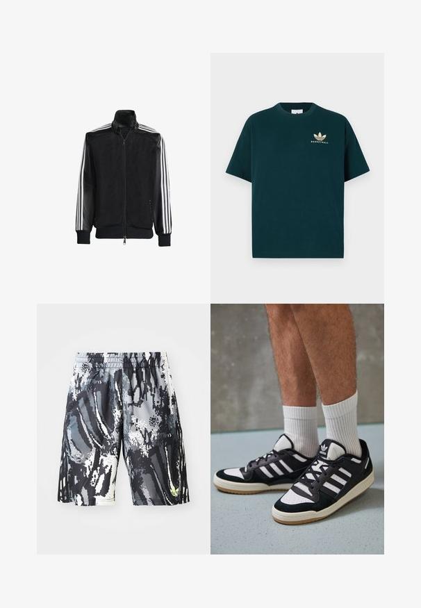 Schwarze Mesh-Jacke mit Reißverschluss vorne, die aus einem einfarbigen schwarzen Ärmeln und drei weißen Streifen an den Armen besteht. Gerippte Bündchen und Saum.; Dunkelgrünes Baumwoll-T-Shirt mit rundem Ausschnitt, kurzen Ärmeln und einem goldenen Aufdruck, der drei Blätter und das Wort "BASKETBALL" zeigt.; Schwarze und graue gemusterte Sportshorts mit elastischem Bund, ausgestattet mit einem digitalen abstrakten Design und einem kleinen neonfarbenen Akzent.; Schwarz-weiße Sneaker mit einem Obermaterial aus Wildleder und Leder, ausgestattet mit drei weißen Streifen, einer perforierten Zehenpartie und einer Sohle aus Gummi.
