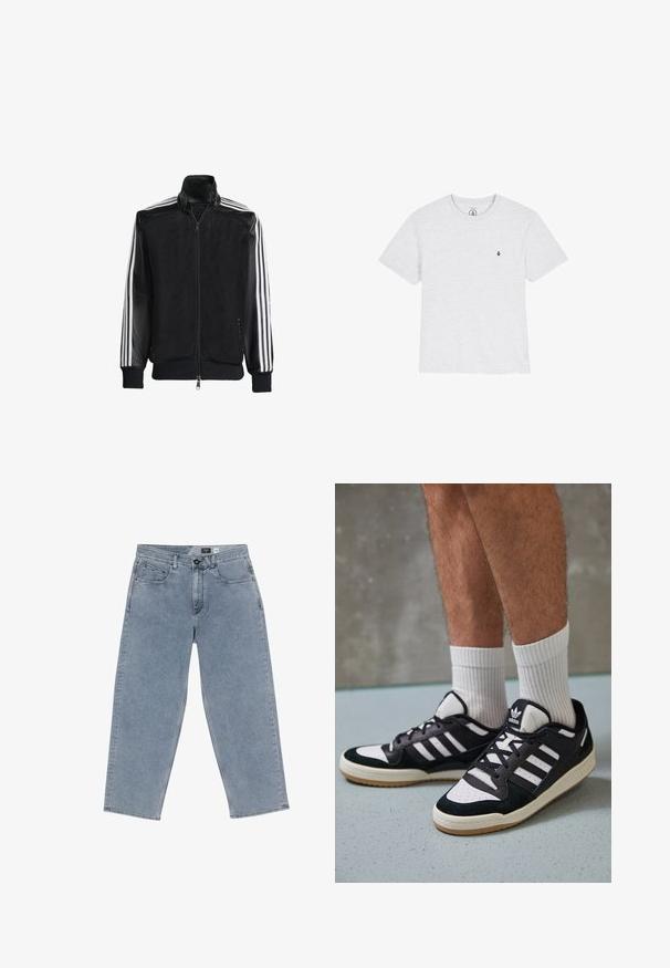 Crna mrežasta jakna s patentnim zatvaračem sprijeda, koja ima čvrste crne rukave i tri bijele pruge duž ruku. Riblje manžetne i rub.; Siva kratka majica s kratkim rukavima izrađena od mekog materijala, s okruglim izrezom i malim crnim logotipom na lijevoj strani prsnog koša. Jednostavan dizajn i tekstura.; Svijetloplavi traper široki traperice s kopčanjem na gumbe, pet džepova i ravnim nogavicama. Mekana tekstura, minimalno izbljeđivanje i uredno šivanje.; Crne i bijele tenisice s gornjim dijelom od antilopa i kože, s tri bijele pruge, perforiranim prstom i gumiranim potplatom.