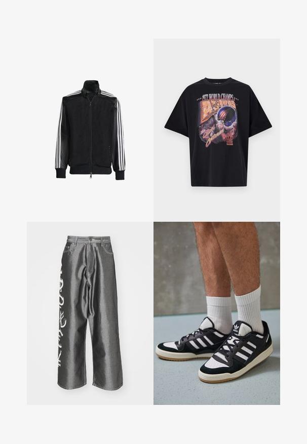Melna režģa jakas ar rāvējslēdzēja priekšpusi, kam ir viendabīgas melnas piedurknes un trīs baltas svītras gar rokām. Ribota aproce un apakša.; Melna kokvilnas T-kreklu ar grafisku drukājumu, kurā ir "1972 PASAULES ČEMPIONI", ķiveres dizains un "Gadsimtu sadursme" košās krāsās.; Jaded London CURRENCY SHINY COLOSSUS - Brīvi džinsi - silver; Melnas un baltas kedas ar zamša un ādas augšdaļu, kas aprīkotas ar trim baltām svītrām, perforētu purngali un gumijas zolēm.