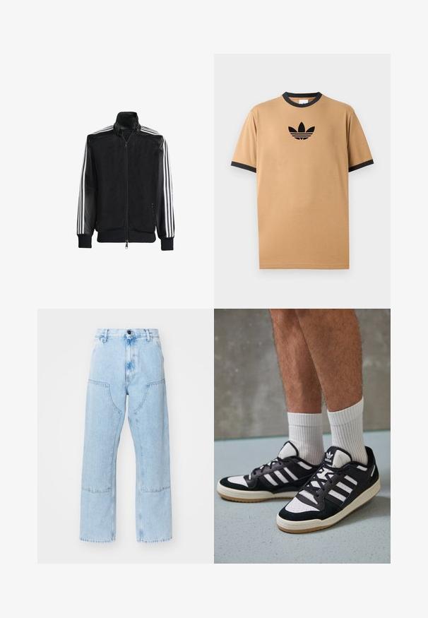 Must mustriga jope, millel on lukuga eesosa, ning mustad varrukad ja kolm valget triipu varrukate ääres. Ribaelastne mansett ja allääre.; Beige puuvillane T-särk musta ribiga ümar kaeluse ja varrukate otstega. Ees on must Adidas logo ja selle all kolm triipu.; Heledad sinine, sirge säärega denimhansed suurte esikottidega ja kontrastsete õmblustega. Kanga tekstuur on tuhm ja pehme.; Mustvalged ja valged spordijalatsid, mille pealmine osa on valmistatud suede'ist ja nahast. Kingadel on kolm valget riba, auguline varvas ja kummist tald.