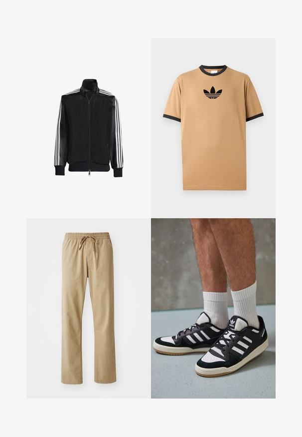Sort meshjakke med lynlås foran, med ensfarvede sorte ærmer og tre hvide striber langs armene. Ribbet manchetter og kant.; Sandfarvet bomulds-T-shirt med sort ribbet rund hals og manchetter. Har et sort Adidas-logo med tre striber nedenfor logoet på brystet.; Lyse beige bukser med elastisk talje og snøre. Lavet af blødt stof, med lige ben og en glat tekstur.; Sorte og hvide sneakers med en overdel i ruskind og læder, der har tre hvide striber, en perforeret tå og en sål i gummigummi.
