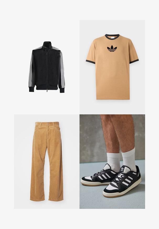 Chaqueta de malla negra con cierre de cremallera en la parte delantera, que presenta mangas negras sólidas y tres rayas blancas a lo largo de los brazos. Puños y dobladillo acanalados.; Camiseta de algodón beige con un cuello y puños de canalé negros. Presenta un logo negro de Adidas con tres rayas debajo del logo en el pecho.; Pantalones de pana de pierna ancha en color marrón claro. Presentan costillas verticales texturizadas, con una cinturilla estándar y dos bolsillos frontales.; Zapatillas en blanco y negro con parte superior de ante y cuero, que presentan tres franjas blancas, una puntera perforada y una suela de goma.