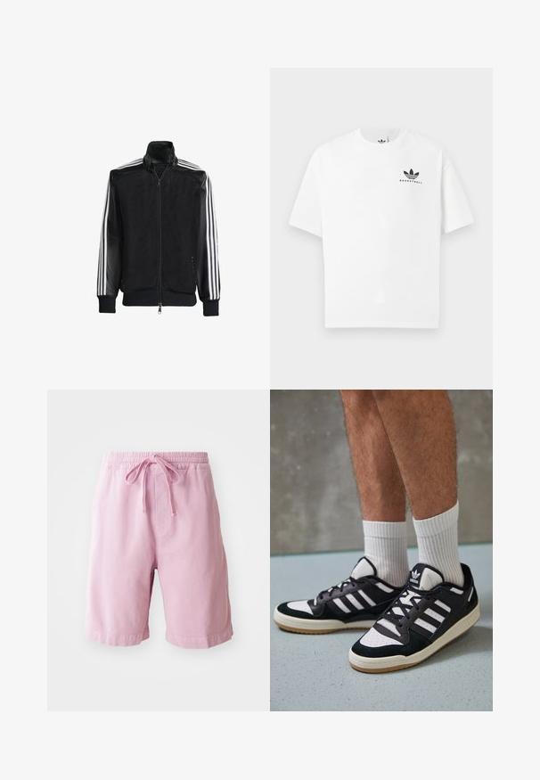 Jachetă din plasă neagră, cu fermoar față, având mâneci negre solide și trei dungi albe pe brațe. Manșete și tiv cu nervuri.; Tricou alb din bumbac cu mânecă scurtă, având un logo negru "BASKETBALL" și un design iconic cu trei dungi pe față.; Shorts roz deschis din bumbac, cu un elastic în talie dotat cu șnur, și picioare drepte cu detalii cusute la margine.; Adidași negri și albi cu un superior din suede și piele, prevăzuți cu trei dungi albe, un vârf perforat și o talpă din cauciuc caramel.