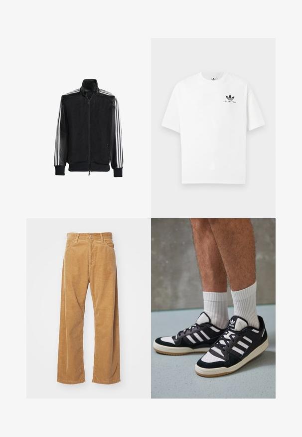 Svart nätjacka med dragkedja framtill, med enfärgade svarta ärmar och tre vita ränder längs armarna. Ribbstickade manschetter och nederkant.; Vit bomullst-shirt med korta ärmar, med en svart "BASKETBALL" logotyp och ikonisk tre-strips design på framsidan.; Breda benbyxor i kordflott i en tan-färg. Har texturerade, vertikala ränder, med en standard midja och två framfickor.; Svartvita sneakers med ovandel i mocka och läder, med tre vita ränder, perforerad tå och sula av gummigummi.