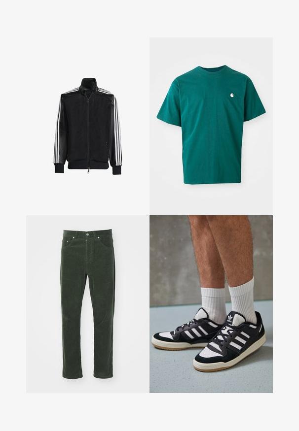 Schwarze Mesh-Jacke mit Reißverschluss vorne, die aus einem einfarbigen schwarzen Ärmeln und drei weißen Streifen an den Armen besteht. Gerippte Bündchen und Saum.; Türkise Baumwoll-T-Shirt mit kurzen Ärmeln, Rundhalsausschnitt und kleinem weißen Logo auf der oberen linken Brust. Glatte Textur, lockere Passform.; Grüne Cordhosen mit geradem Bein, ausgestattet mit fünf Taschen, Metallknopfverschluss und strukturiertem, geripptem Oberflächenmaterial.; Schwarz-weiße Sneaker mit einem Obermaterial aus Wildleder und Leder, ausgestattet mit drei weißen Streifen, einer perforierten Zehenpartie und einer Sohle aus Gummi.