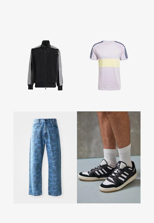 Melna režģa jakas ar rāvējslēdzēja priekšpusi, kam ir viendabīgas melnas piedurknes un trīs baltas svītras gar rokām. Ribota aproce un apakša.; Gaiši purpursarkans kokvilnas T-krekls ar dzeltenu horizontālu svītru, tumši zila trīs svītru dizaina žakete uz pleciem un mazs adidas logo dzeltenā krāsā.; Gaiši zili džinsi ar smalku tonālu ziedu rakstu, plaša kāju griezuma, piecu kabatu dizainu un pogu aizdari viduklī.; Melnas un baltas kedas ar zamša un ādas augšdaļu, kas aprīkotas ar trim baltām svītrām, perforētu purngali un gumijas zolēm.