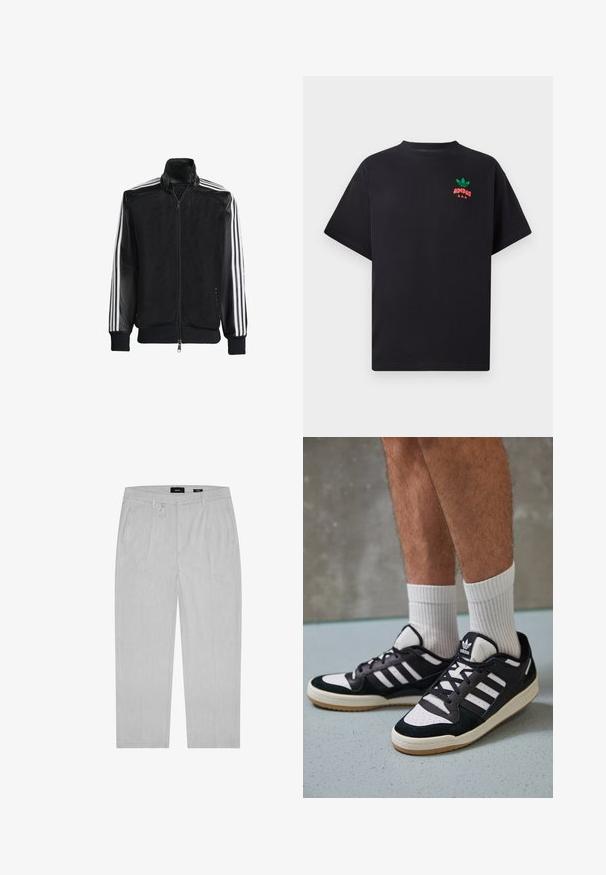 Zwarte maillotjas met een rits aan de voorkant, met stevige zwarte mouwen en drie witte strepen langs de armen. Geribbelde manchetten en zoom.; Zwarte katoenen t-shirt met korte mouwen, met een groen en rood Adidas-logo ontwerp op de borst. Eenvoudige, ontspannen pasvorm.; Lichtgrijze broek met een subtiele textuur, voorzien van plooien aan de voorkant, zijzakken en een riemlus. Rechtingspijpen ontwerp, minimalistische stijl.; Zwart-witte sneakers met een bovenwerk van suede en leer, voorzien van drie witte strepen, een geperforeerde neus en een rubberen gumzool.