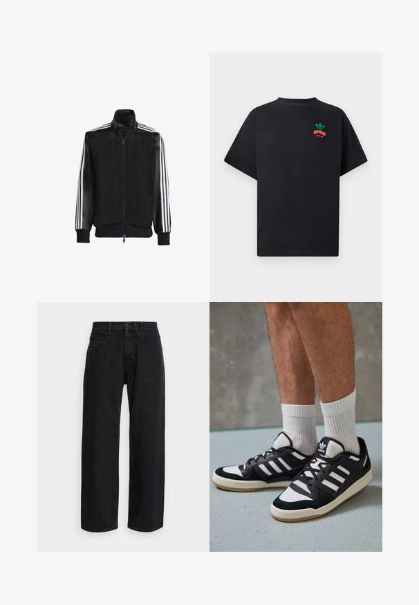Veste en maille noire avec fermeture éclair à l'avant, présentant des manches noires unies et trois rayures blanches le long des bras. Poignets et ourlet côtelés.; T-shirt en coton noir à manches courtes, avec un design de logo Adidas vert et rouge sur la poitrine. Coupe simple et décontractée.; Pantalons larges en denim noir avec taille haute, dotés de cinq poches et d'une fermeture à bouton. Le tissu a une texture lisse et une légère élasticité.; Baskets noir et blanc avec une tige en suède et cuir, comportant trois rayures blanches, un bout perforé et une semelle en caoutchouc gum.