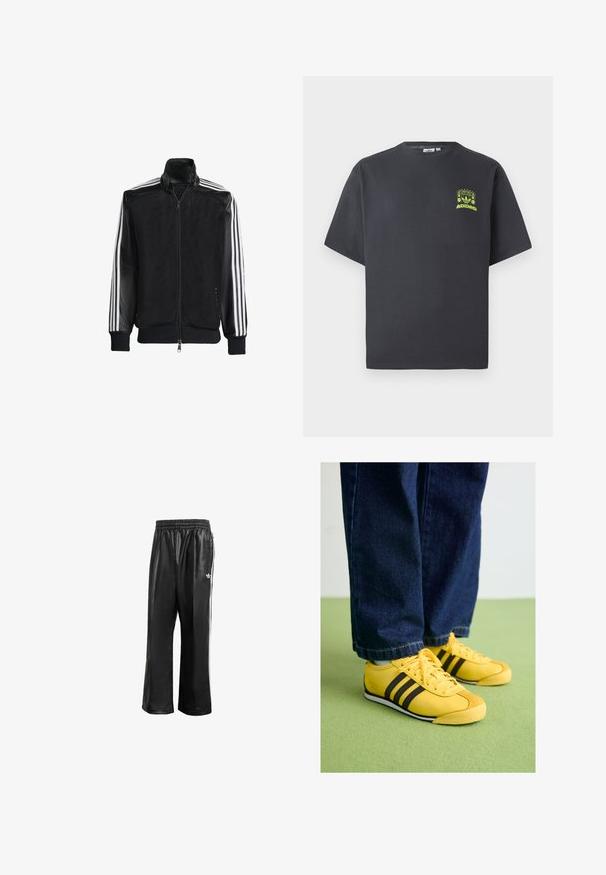 Jaqueta de malha preta com fecho zip, apresentando mangas pretas sólidas e três riscas brancas ao longo dos braços. Punhos e bainha canelados.; T-shirt Adidas de cor cinza carvão com mangas curtas e um pequeno gráfico em neon verde de altifalantes, sol e o logo da Adidas no lado esquerdo do peito.; Calças de treino sintéticas pretas com um cós elástico, apresentando riscas laterais brancas e um pequeno logótipo branco no quadril esquerdo.; Sapatilhas de couro amarelo com riscas pretas, biqueira texturizada e sola branca, combinadas com jeans de ganga escuros, sobre uma superfície verde.