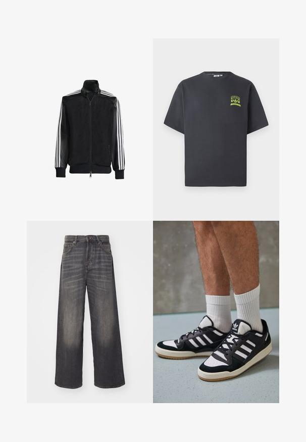 Svart mesh-jakke med glidelås foran, med solide svarte ermer og tre hvite striper langs armene. Ribbestrikkede mansjetter og nederkant.; Kullgrå Adidas t-skjorte med korte ermer og en liten neongrønn grafikk av høyttalere, sol og Adidas-logo på venstre bryst.; Bredde ben, høyt liv jeans i falmet svart denim. Har fem lommer og metallbeslag. Jeansen har en glatt tekstur med subtile slitasjedetaljer.; Sorte og hvite sneakers med overdel i semsket skinn og lær, med tre hvite striper, perforert tå og en såle av gummi.