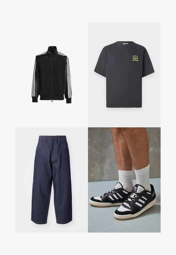 Chaqueta de malla negra con cierre de cremallera en la parte delantera, que presenta mangas negras sólidas y tres rayas blancas a lo largo de los brazos. Puños y dobladillo acanalados.; Camiseta de Adidas en gris carbón con mangas cortas y un pequeño gráfico en neón verde de altavoces, sol y el logo de Adidas en el lado izquierdo del pecho.; Jeans de mezclilla azul oscuro con un diseño suelto y de pierna ancha. Las características incluyen un cierre de botón, bolsillos frontales y acentos de costura visibles.; Zapatillas en blanco y negro con parte superior de ante y cuero, que presentan tres franjas blancas, una puntera perforada y una suela de goma.
