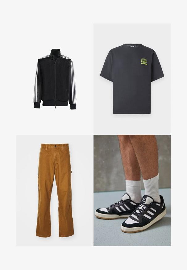 Juodas permatomas džemperis su užtrauktuku priekyje, turintis vientisas juodas rankoves ir tris baltas juostas ant rankų. Raukšlėtos rankogaliai ir apatinė dalis.; Anglies pilkos spalvos Adidas marškinėliai trumpomis rankovėmis su mažu neoninės žalios spalvos grafikų, vaizduojančiu garsiakalbius, saulę ir Adidas logotipą, kairėje krūtinės pusėje.; Rudos medvilnės cargo kelnės su tiesiu kojų dizainu, priekyje užsegamos sagčia, ir šoninėmis kišenėmis. Lygi tekstūra ir patvari medžiaga.; Juodos ir baltos sportinės bateliai su zomšiniu ir odiniu viršumi, su trimis baltomis juostelėmis, perforuota koja ir guminėmis padais.