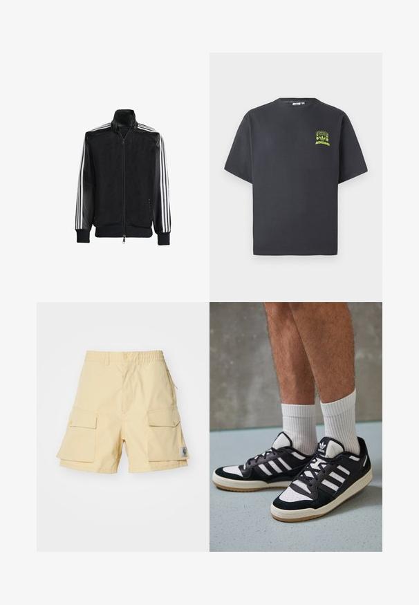 Juodas permatomas džemperis su užtrauktuku priekyje, turintis vientisas juodas rankoves ir tris baltas juostas ant rankų. Raukšlėtos rankogaliai ir apatinė dalis.; Anglies pilkos spalvos Adidas marškinėliai trumpomis rankovėmis su mažu neoninės žalios spalvos grafikų, vaizduojančiu garsiakalbius, saulę ir Adidas logotipą, kairėje krūtinės pusėje.; Geltoni krovinių šortai, pagaminti iš lengvos medžiagos, su dviem didelėmis šoninėmis kišenėmis, elastinga juosmena ir mažu logotipu šone.; Juodos ir baltos sportinės bateliai su zomšiniu ir odiniu viršumi, su trimis baltomis juostelėmis, perforuota koja ir guminėmis padais.