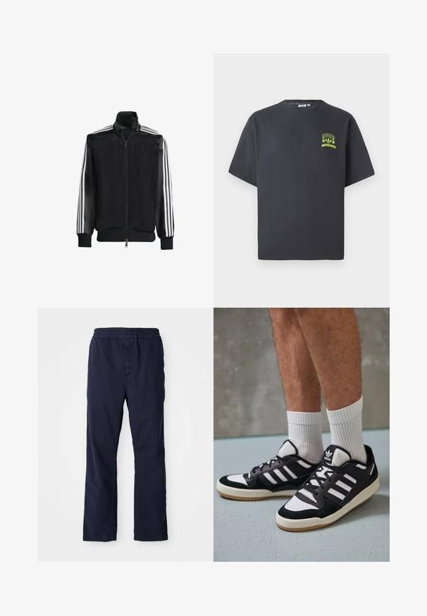 Černá síťovaná bunda na zip, s celými černými rukávy a třemi bílými pruhy podél rukávů. Hladké manžety a lem.; Tmavě šedé tričko Adidas s krátkým rukávem a malou neonově zelenou grafikou reproduktorů, slunce a loga Adidas na levé straně hrudníku.; Námořnické modré bavlněné kalhoty s elastickým pasem, rovný střih a decentní švy. Hladká textura, bez viditelných kapes.; Černobílé tenisky s vrchní částí z semišové a kožené kůže, včetně tří bílých pruhů, perforovaného špičky a podrážky z gumy.
