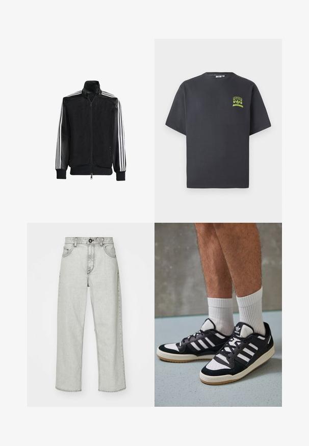 Sort meshjakke med lynlås foran, med ensfarvede sorte ærmer og tre hvide striber langs armene. Ribbet manchetter og kant.; Kulgrå Adidas T-shirt med korte ærmer og en lille neon grøn grafik af højttalere, sol og Adidas-logo på venstre bryst.; Lys grå højhalset jeans med afslappet pasform, fem lommer, frontlukning med knap og subtil struktureret mønster på denimstoffet.; Sorte og hvide sneakers med en overdel i ruskind og læder, der har tre hvide striber, en perforeret tå og en sål i gummigummi.