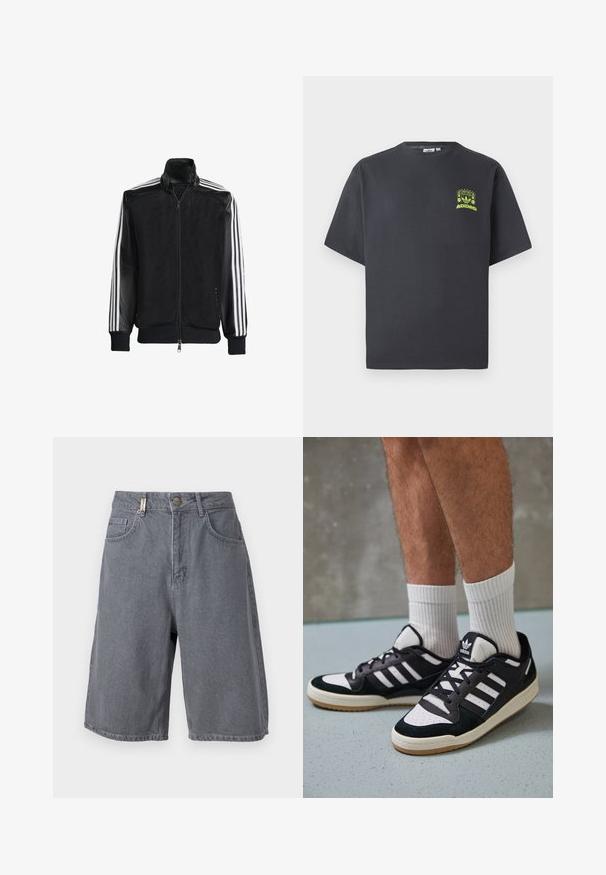 Chaqueta de malla negra con cierre de cremallera en la parte delantera, que presenta mangas negras sólidas y tres rayas blancas a lo largo de los brazos. Puños y dobladillo acanalados.; Camiseta de Adidas en gris carbón con mangas cortas y un pequeño gráfico en neón verde de altavoces, sol y el logo de Adidas en el lado izquierdo del pecho.; Pantalones cortos de denim gris con un ajuste relajado, que cuentan con un cierre de botón, cinco bolsillos y una textura ligeramente desgastada. Diseño clásico y versátil.; Zapatillas en blanco y negro con parte superior de ante y cuero, que presentan tres franjas blancas, una puntera perforada y una suela de goma.