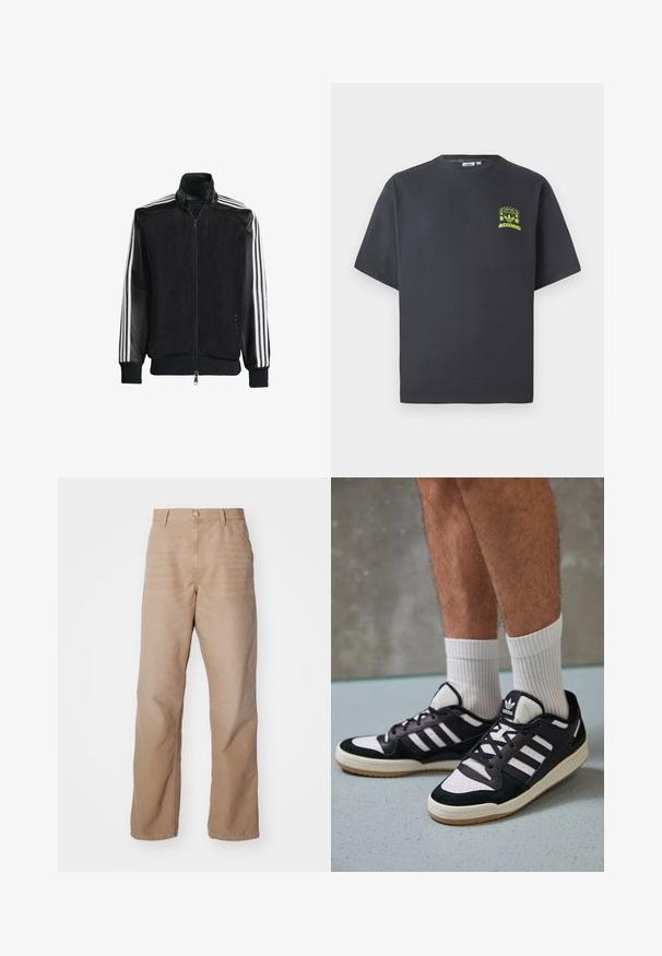 Chaqueta de malla negra con cierre de cremallera en la parte delantera, que presenta mangas negras sólidas y tres rayas blancas a lo largo de los brazos. Puños y dobladillo acanalados.; Camiseta de Adidas en gris carbón con mangas cortas y un pequeño gráfico en neón verde de altavoces, sol y el logo de Adidas en el lado izquierdo del pecho.; Pantalones de algodón beige con diseño de pierna recta, que presentan un cierre de cremallera, estilo de cinco bolsillos y una textura sutil.; Zapatillas en blanco y negro con parte superior de ante y cuero, que presentan tres franjas blancas, una puntera perforada y una suela de goma.