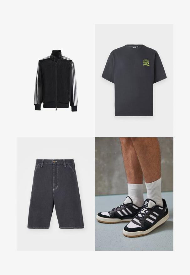 Melna režģa jakas ar rāvējslēdzēja priekšpusi, kam ir viendabīgas melnas piedurknes un trīs baltas svītras gar rokām. Ribota aproce un apakša.; Tumši pelēkā krāsā Adidas T-kreklā ar īsām piedurknēm un mazu neona zaļa grafiku ar skaļruņiem, sauli un Adidas logo kreisajā krūtī.; Tumši pelēki džinsi šorti ar brīvu piegriezumu, ar pogu aizdari, jostu cilpām un nemanāmām baltām diegu šuvēm. Redzamās kabatas nav.; Melnas un baltas kedas ar zamša un ādas augšdaļu, kas aprīkotas ar trim baltām svītrām, perforētu purngali un gumijas zolēm.