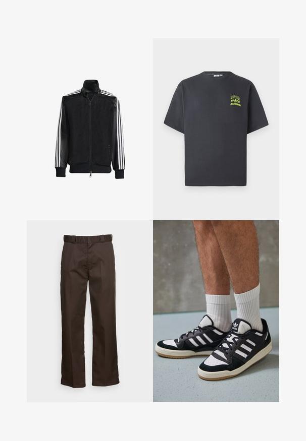 Črna mrežasta jakna z zadrgo spredaj, s trdnimi črnimi rokavi in tremi belimi črtami vzdolž rokavov. Rebrasti robovi in spodnji del.; Črno-siva Adidas majica s kratkimi rokavi in majhnim neon zelenim grafičnim motivom z zvočniki, soncem in Adidasovim logotipom na levi strani prsnega koša.; Rjavi hlače s ravnim krojem, ki imajo ravno sprednjo stran, pasne zanke in gladko teksturo. Enostaven dizajn brez vzorcev ali dodatkov.; Črno-bele superge z zgornjim delom iz usnja in nubuka, ki imajo tri bele črte, perforiran vrh prstov in podplat iz gume.