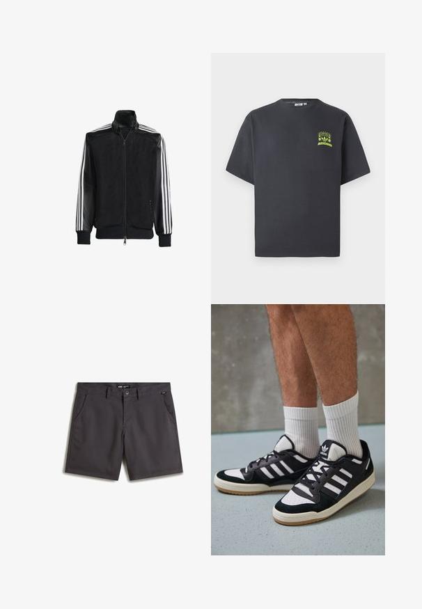 Schwarze Mesh-Jacke mit Reißverschluss vorne, die aus einem einfarbigen schwarzen Ärmeln und drei weißen Streifen an den Armen besteht. Gerippte Bündchen und Saum.; Dunkelgraues Adidas-T-Shirt mit kurzen Ärmeln und einem kleinen neongrünen Aufdruck von Lautsprechern, Sonne und dem Adidas-Logo auf der linken Brust.; Graue Shorts aus glattem Baumwollmaterial, mit zwei vorderen Taschen, einem Knopfverschluss und einem flachen Vorderdesign. Keine sichtbaren Muster oder Akzente.; Schwarz-weiße Sneaker mit einem Obermaterial aus Wildleder und Leder, ausgestattet mit drei weißen Streifen, einer perforierten Zehenpartie und einer Sohle aus Gummi.