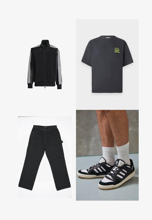 Crna mrežasta jakna s patentnim zatvaračem sprijeda, koja ima čvrste crne rukave i tri bijele pruge duž ruku. Riblje manžetne i rub.; Majica Adidas u boji ugljena s kratkim rukavima i malim grafikom u neon zelenoj boji koja prikazuje zvučnike, sunce i Adidas logotip na lijevoj strani prsnog koša.; Crne traper hlače ravnog kroja, s prednjim zatvaranjem na dugme, stražnjim džepovima i bočnim cargo džepom.; Crne i bijele tenisice s gornjim dijelom od antilopa i kože, s tri bijele pruge, perforiranim prstom i gumiranim potplatom.