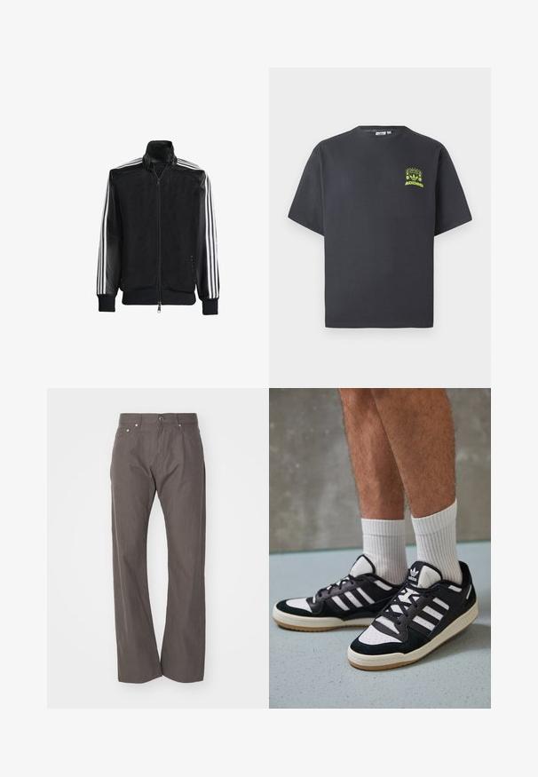 Svart mesh-jakke med glidelås foran, med solide svarte ermer og tre hvite striper langs armene. Ribbestrikkede mansjetter og nederkant.; Kullgrå Adidas t-skjorte med korte ermer og en liten neongrønn grafikk av høyttalere, sol og Adidas-logo på venstre bryst.; Weekday SPACE RELAXED STRAIGHT - Bukse - dark mole; Sorte og hvite sneakers med overdel i semsket skinn og lær, med tre hvite striper, perforert tå og en såle av gummi.