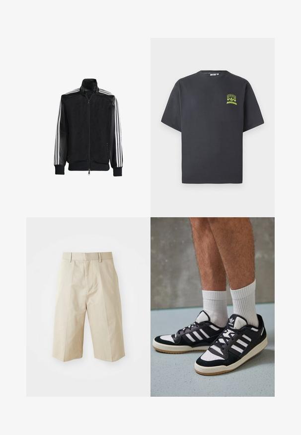 Svart mesh-jakke med glidelås foran, med solide svarte ermer og tre hvite striper langs armene. Ribbestrikkede mansjetter og nederkant.; Kullgrå Adidas t-skjorte med korte ermer og en liten neongrønn grafikk av høyttalere, sol og Adidas-logo på venstre bryst.; Beige skreddersydde shorts med rett snitt, med beltehemper, plisserte foran og en glatt bomullstekstur. Ingen lommer eller tillegg detaljer.; Sorte og hvite sneakers med overdel i semsket skinn og lær, med tre hvite striper, perforert tå og en såle av gummi.