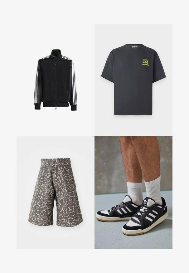 Black mesh jacket with a zip front, featuring solid black sleeves and three white stripes along the arms. Ribbed cuffs and hem.; Charcoal gray Adidas T-shirt with short sleeves and a small neon green graphic of speakers, sun, and Adidas logo on left chest.; Camo print shorts in shades of gray and beige. Made of textured fabric, featuring a classic five-pocket design and metal button closure.; Black and white sneakers with a suede and leather upper, featuring three white stripes, a perforated toe, and a gum rubber sole.