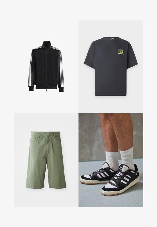 Sort meshjakke med lynlås foran, med ensfarvede sorte ærmer og tre hvide striber langs armene. Ribbet manchetter og kant.; Kulgrå Adidas T-shirt med korte ærmer og en lille neon grøn grafik af højttalere, sol og Adidas-logo på venstre bryst.; Grønne bomulds-shorts med løs pasform, der har to forlommer, knaplukning og en længde til midt på læggen. Glat tekstur.; Sorte og hvide sneakers med en overdel i ruskind og læder, der har tre hvide striber, en perforeret tå og en sål i gummigummi.
